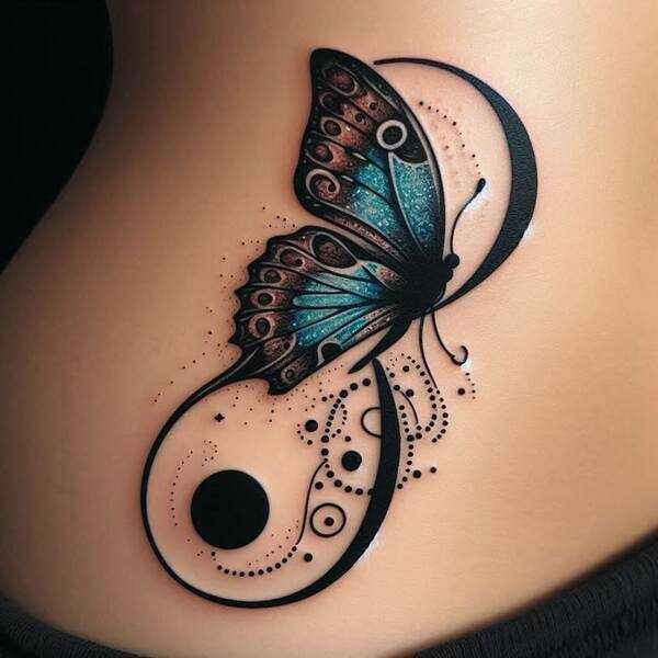 Stunning butterfly and yin-yang tattoo with intricate details