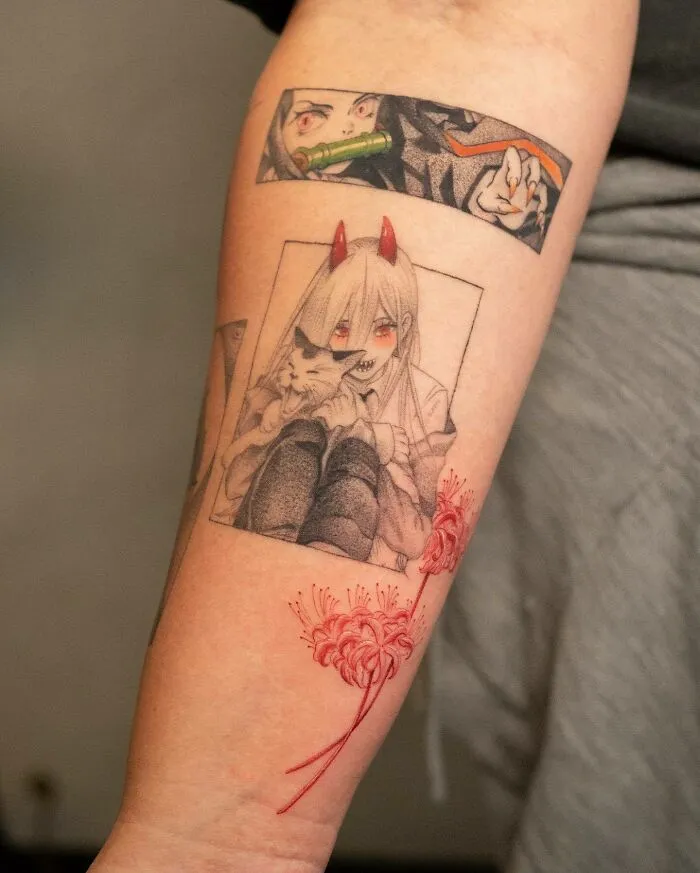 Nezuko From Demon Slayer And Power From Chainsaw Man Tattoo sebastian_tattoo