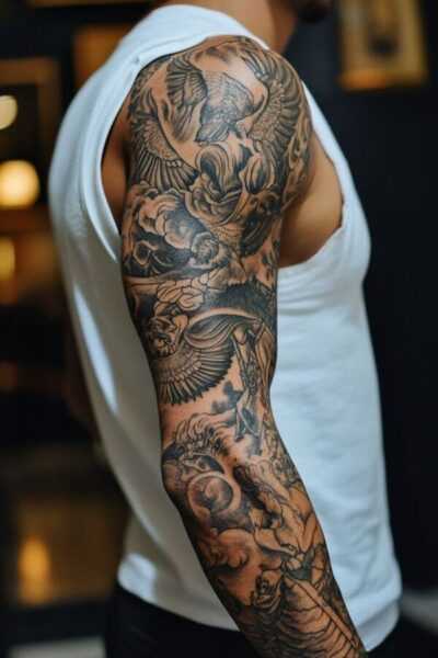 A traditional tattoo sleeve with many intricate line details | sadfgxsdf
